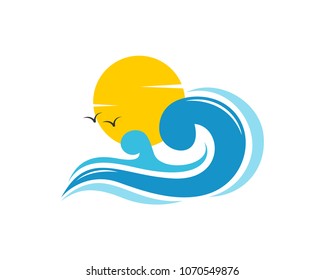 Bright Sun and sea vawes icon logo sunrise sunset vacation summer