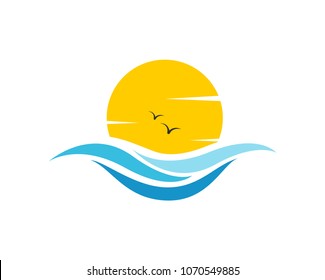 Bright Sun and sea vawes icon logo symbol