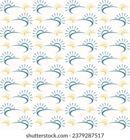Bright sun seamless pattern repeating colorful elements trendy vector illustration background