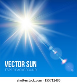 The bright sun shines on a blue sky background. Vector illustration with lens flare effect.