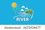A bright sun shines over a stylized winding river with green trees on the bank and fluffy clouds in the sky