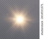 Bright sun shines with warm rays, vector illustration Glow gold star on a transparent background. Flash of light, sun, twinkle. Vector for web design and illustrations.	