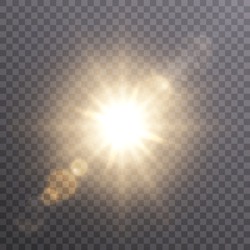 Bright Sun Shines With Warm Rays, Vector Illustration Glow Gold Star On A Transparent Background. Flash Of Light, Sun, Twinkle. Vector For Web Design And Illustrations.