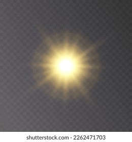 Bright sun shines with warm rays, vector illustration Glow gold star on a transparent background. Flash of light, sun, twinkle. Vector for web design and illustrations.	