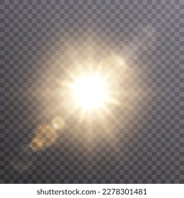 Bright sun shines with warm rays, vector illustration Glow gold star on a transparent background. Flash of light, sun, twinkle. Vector for web design and illustrations.