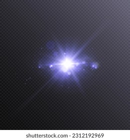 The bright sun shines with warm rays, vector illustration Glow of a blue-violet star on a transparent background. Flash of light, sun, twinkle. Vector for web design and illustrations.