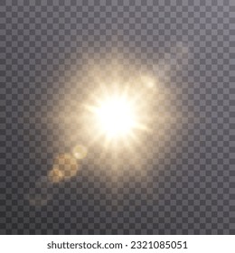 Bright sun shines with warm rays, vector illustration Glow gold star on a transparent background. Flash of light, sun, twinkle. Vector for web design and illustrations.