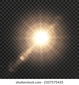 Bright sun shines with warm rays, vector illustration Glow gold star on a transparent background. Flash of light, sun, twinkle. Vector for web design and illustrations.	
