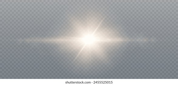 Helle Sonne scheint mit warmen Strahlen, Vektorillustration Glühgoldstern auf einem durchsichtigen Hintergrund. Lichtblitz, Sonne, Funkeln. Vektorgrafik für Webdesign und Illustrationen.