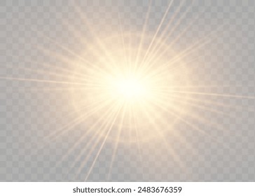 Bright sun shines with warm rays, vector illustration Glow gold star on a transparent background. Flash of light, sun, twinkle. Vector for web design and illustrations