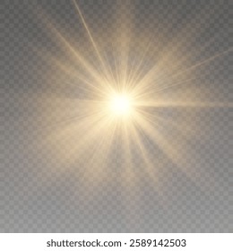 Bright sun shines with warm rays, vector illustration Glow gold star  Flash of light, sun, twinkle.