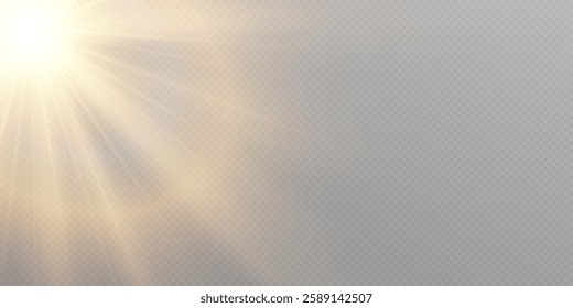 Bright sun shines with warm rays, vector illustration Glow gold star  Flash of light, sun, twinkle.