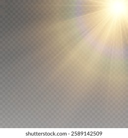 Bright sun shines with warm rays, vector illustration Glow gold star  Flash of light, sun, twinkle.