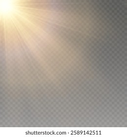 Bright sun shines with warm rays, vector illustration Glow gold star  Flash of light, sun, twinkle.
