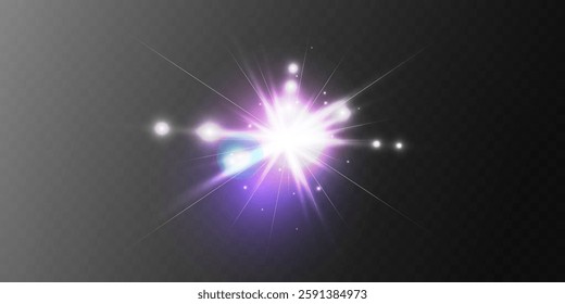 Bright sun shines with warm rays, vector illustration Glow gold star on a transparent background. Flash of light, sun, twinkle. Vector for web design and illustrations.