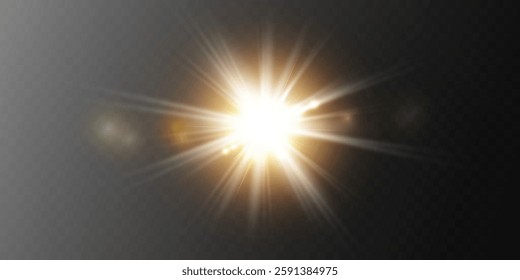 Bright sun shines with warm rays, vector illustration Glow gold star on a transparent background. Flash of light, sun, twinkle. Vector for web design and illustrations.