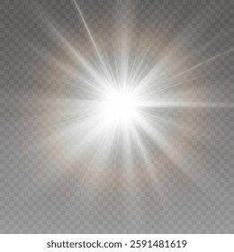Bright sun shines with warm rays, vector illustration Glow gold star  Flash of light, sun, twinkle.