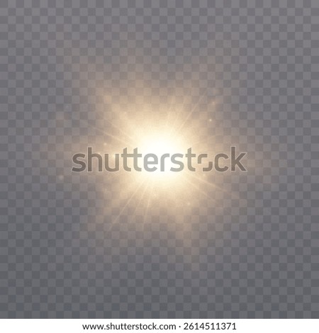 Bright sun shines with warm rays, vector illustration Glow gold star on a transparent background. Flash of light, sun, twinkle. Vector for web design and illustrations.	