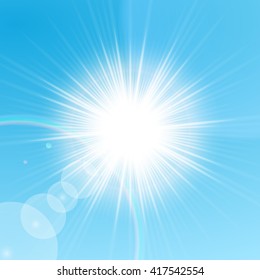 Bright sun shining in the blue sky. Vector illustration