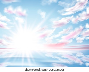 Bright sun shining in the sky, haven like scenery with cloudy sky and clear lake