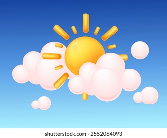 Bright sun shining through clouds on a clear blue sky, symbolizing warmth and positivity. Great for weather applications, outdoor themes, and optimistic designs. Vector illustration.