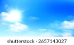 Bright sun shining through soft white clouds in a vibrant blue sky background, symbolizing a sunny weather or peaceful summer day. Vector illustration