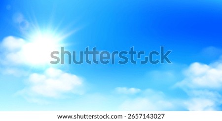 Bright sun shining through soft white clouds in a vibrant blue sky background, symbolizing a sunny weather or peaceful summer day. Vector illustration