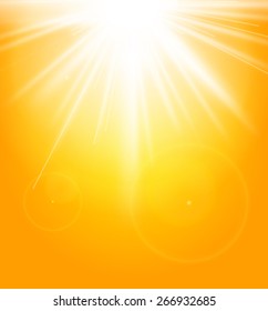 Bright sun of the sky with sun rays effect and the spring, summer season. Sunlight burst bright glowing with lens flare beautiful weather sun glare for header, background, banner. Vector illustration 