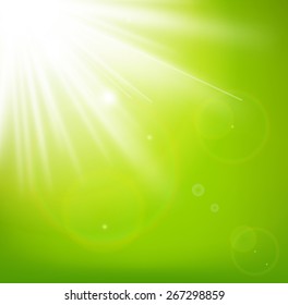 Bright sun of the sky with sun rays effect and the spring, summer season. Sunlight burst bright glowing with lens flares beautiful weather sun glare for header, footer, or banner. Vector illustration 