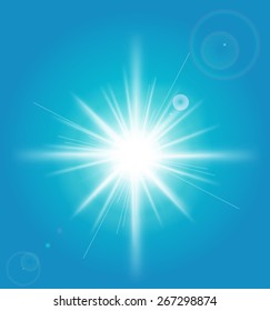 Bright sun of the sky with sun rays effect and the spring, summer season. Sunlight burst bright glowing with lens flares beautiful weather sun glare for header, footer, or banner. Vector illustration 