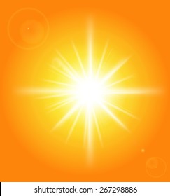 Bright sun of the sky with sun rays effect and the spring, summer season. Sunlight burst bright glowing with lens flare beautiful weather sun glare for header, background, banner. Vector illustration 