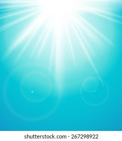 Bright sun of the sky with sun rays effect and the spring, summer season. Sunlight burst bright glowing with lens flare beautiful weather sun glare for header, background, banner. Vector illustration 