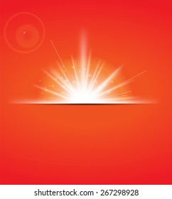 Bright sun of the sky with sun rays effect and the spring, summer season. Sunlight burst bright glowing with lens flare beautiful weather sun glare for header, background, banner. Vector illustration 