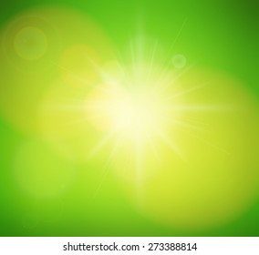 Bright sun of the sky with sun rays effect and the spring, summer season. Sunlight burst bright glowing with lens flare beautiful weather sun glare for header, background, banner. Vector illustration 