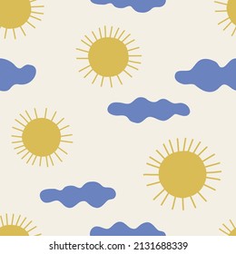 Bright sun in the sky with tiny clouds infantile vector seamless pattern. Sunny day boho childish background. Kid-like decorative cuts out surface design for Scandinavian style nursery.