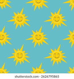 Bright sun smiling against the blue sky. Seamless pattern with shining positive sunny character. Summer colorful print, vector graphics