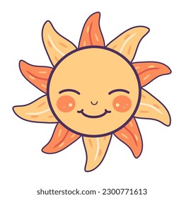 Bright sun smiling, cute cartoon mascot fun icon isolated