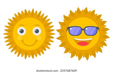 Bright Sun Smiling Face with Glasses Vector. Cute Sun Character Illustration.