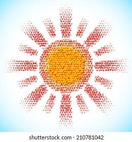 Bright sun symbol made of scattered balls