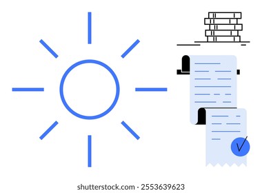 Bright sun symbol on left, checklist with blue checkmark on right, and stacked books above checklist. Ideal for productivity, education, organization, planning, and project management. Simple