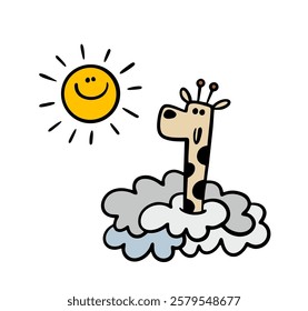 Bright sun and thick rain clouds.   Vector illustration is visible from the neck and muzzle of a giraffe.  Positive animal, a summer day. Isolated funny characters on white background.