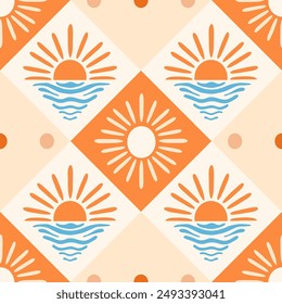 Bright sun vector seamless pattern. Summer repeat design with cute sun, sea waves and sunset shapes on orange geometric rhombus background. Boho coastal resort tile. Summertime vacation vibes 