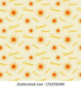 Bright sun with yellow text summer, on light yellow background. Vector seamless pattern. Cartoon style.