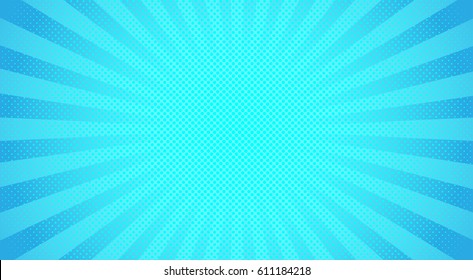Bright sunbeams background with blue dots. Abstract background with halftone dots design. Vector illustration.