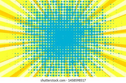 Bright sunbeams background with color dots. Abstract background with halftone dots design. 