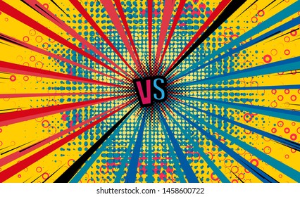 Bright sunbeams background with color dots vs letters for sports and fight competition. Battle and match, game concept competitive. Abstract background with halftone dots design. 
