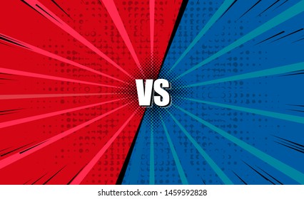 Bright sunbeams background with color dots vs letters for sports and fight competition. Battle and match, game concept competitive. Abstract background with halftone dots design. 