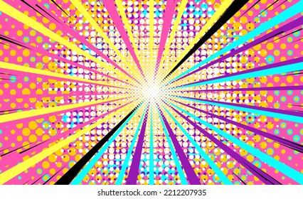Fondo de vigas de sol brillantes con puntos coloridos. Antecedentes abstractos con diseño de puntos de medio tono.Banner de fiesta disco. Afiche de música retro, reproductor de audio y cintas de 90 con un diseño colorido y divertido.