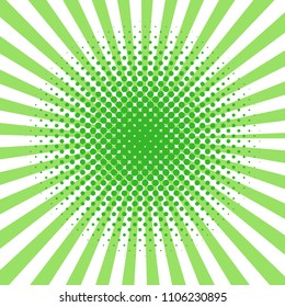 Bright sunbeams background with green dots. Abstract background with halftone dots design. Vector illustration.