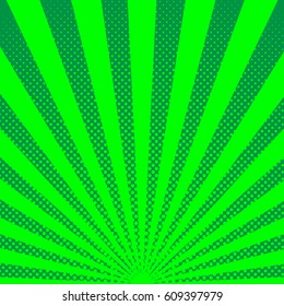 Bright sunbeams background with green dots. Abstract background with halftone dots design. Vector illustration.